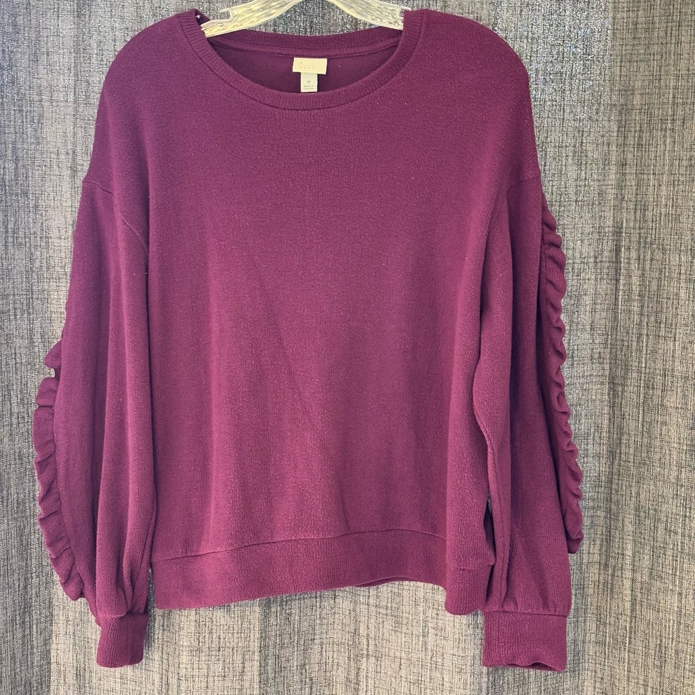 A New Day Women's Long Sleeve Scalloped Accent Sweatshirt SZ M Purple Unique Sof